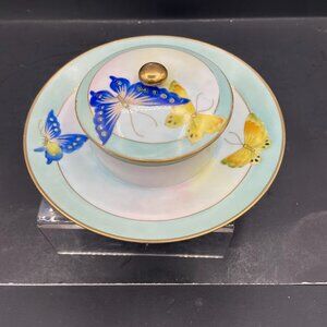 Hand Painted Porcelain Jelly Condiment Server Blue Yellow Butterflies Gold Trim